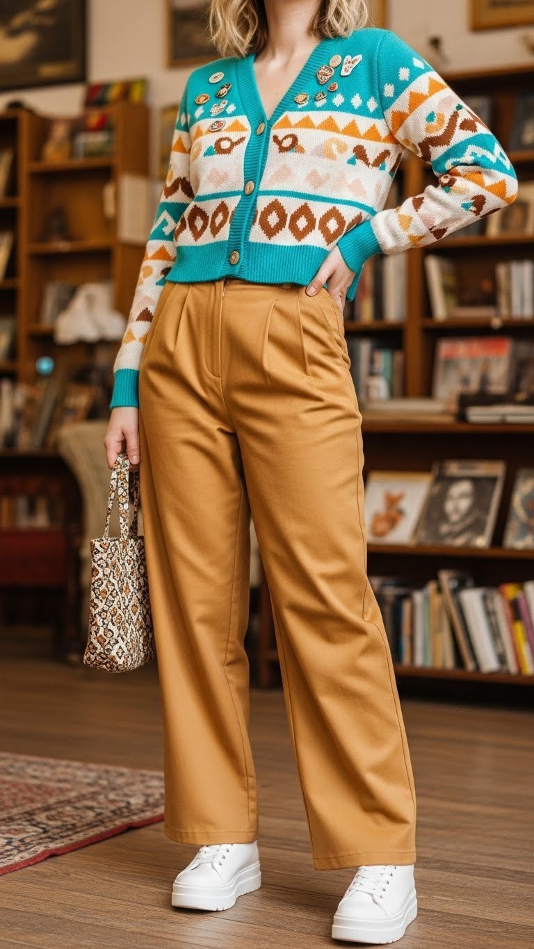 Cheerful individual in retro cardigan and pleated trousers posing in bright vintage bookstore interior