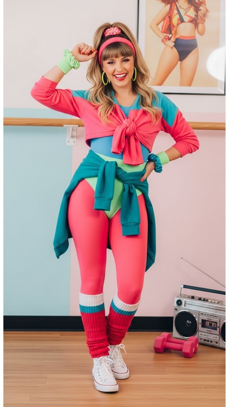 Cheerful person in 80s Aerobic Chic Valentine's outfit with neon bodysuit, leg warmers, scrunchies, and white sneakers in dance studio setting