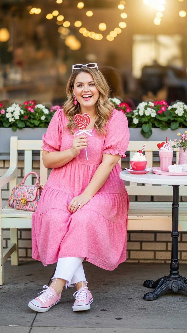 Cheerful plus-size woman in playful pink outfit holding Valentine's bouquet in whimsical garden.