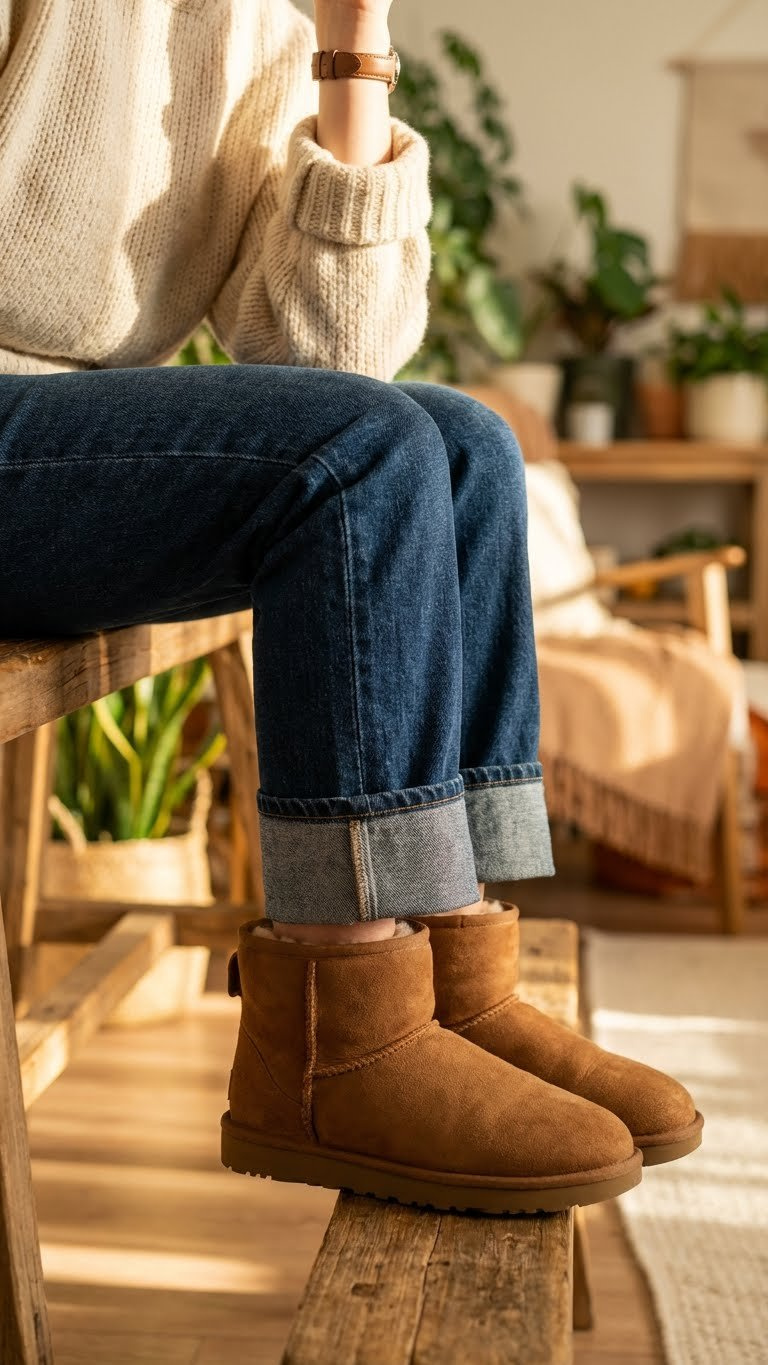 Chestnut Classic Ugg Mini boots with cuffed dark-wash jeans and a cream chunky knit sweater. Timeless winter outfit.