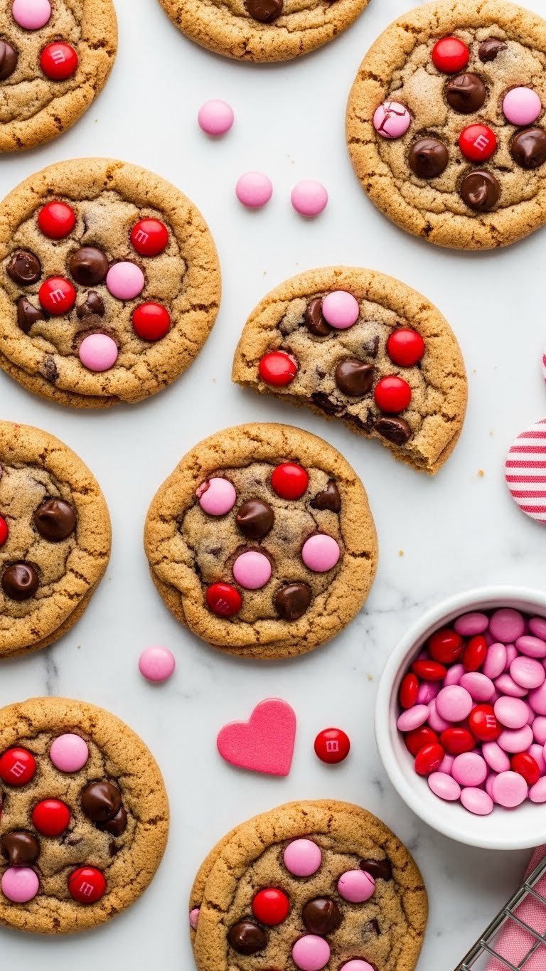 Chewy chocolate chip Valentine cookies with pink and red M&Ms on marble countertop with colorful candy bowl