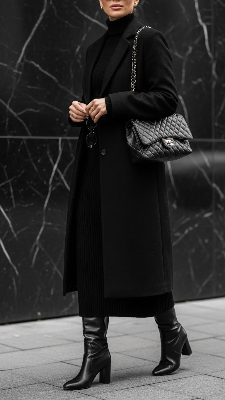 Chic black long wool coat, ribbed knit skirt, leather knee-high boots. Sophisticated all-black urban winter outfit.