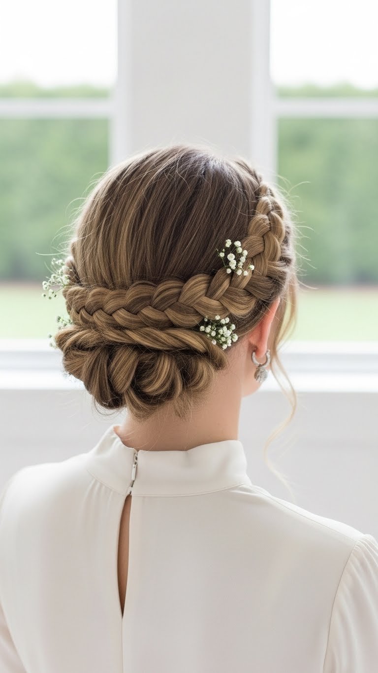 Chic braided crown updo hairstyle with floral accents in bright daylight against minimalist garden setting