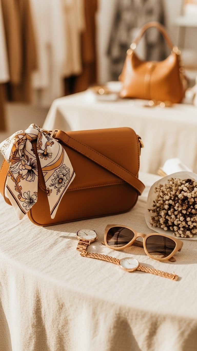 Chic caramel leather crossbody handbag with silk scarf tied to strap on linen tablecloth with sunglasses.