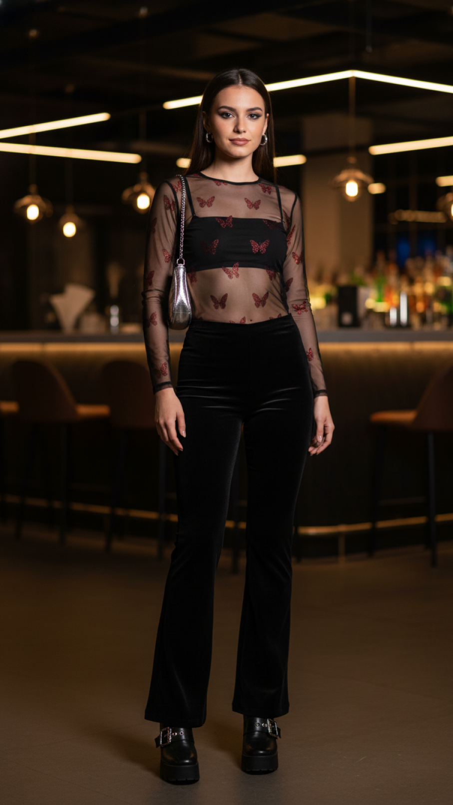 Chic evening Y2K Valentine's fashion with sheer mesh top and velvet flared pants at cocktail bar
