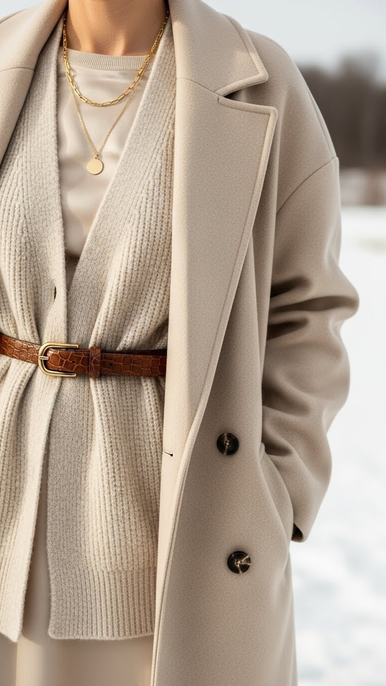 Chic neutral layered outfit: cream oversized coat, wool cardigan, silk, textured leather belt, gold necklaces in snow.