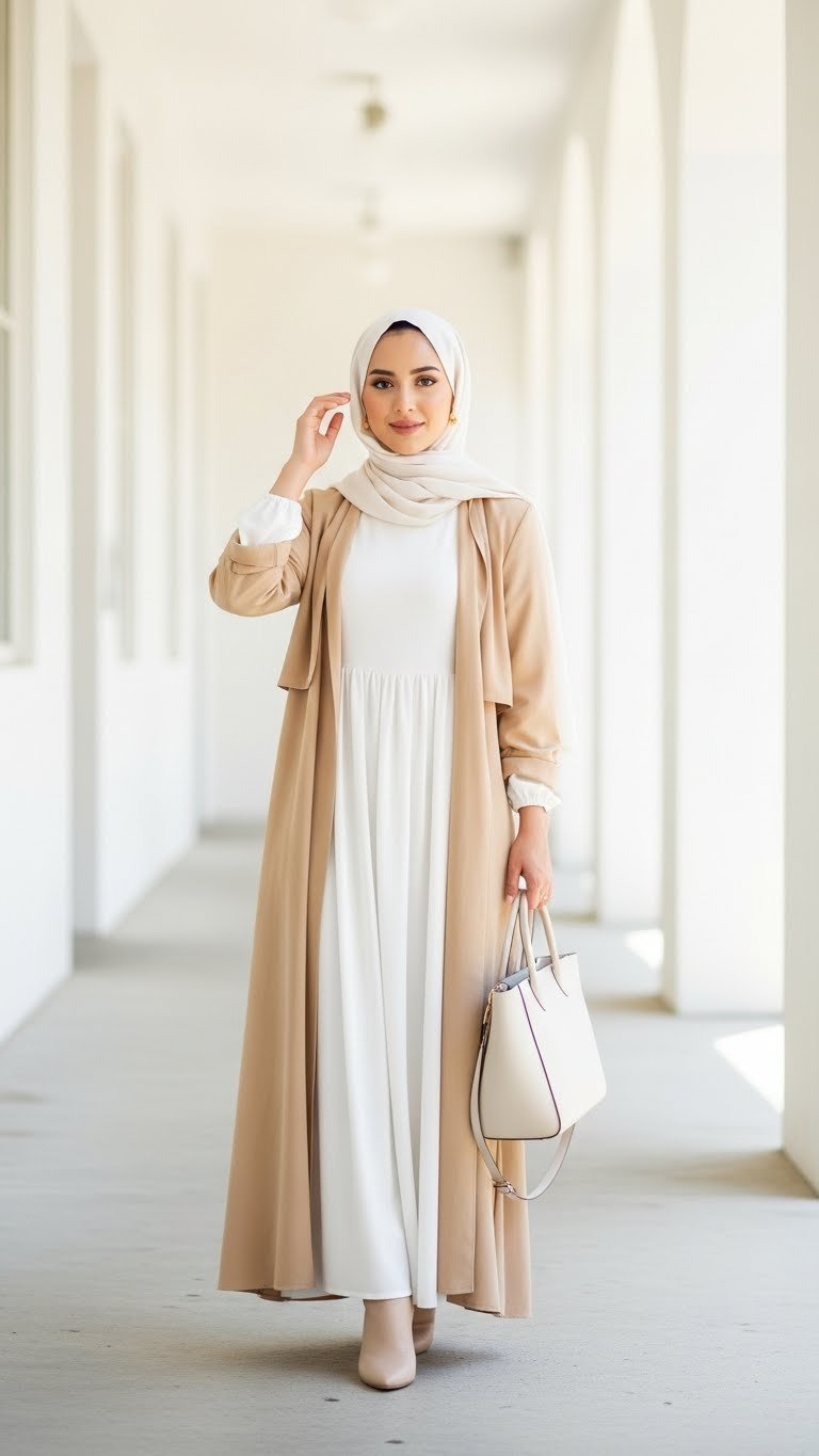 Chic white modest dress layered under beige trench coat in bright architectural space