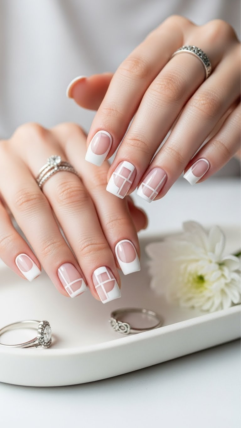 Chic white negative space square nails with geometric patterns on minimalist ceramic tray