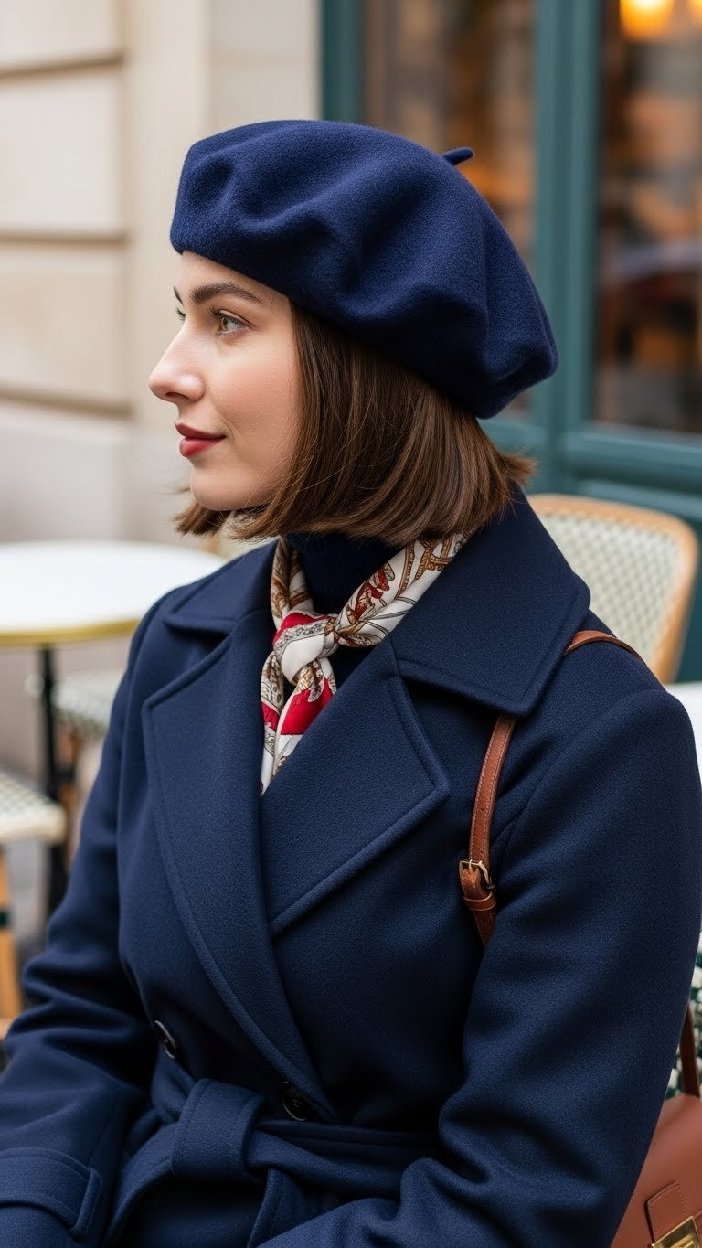 Chic woman wearing a tilted wool beret, belted trench coat, silk scarf, and leather handbag at a Parisian cafe.
