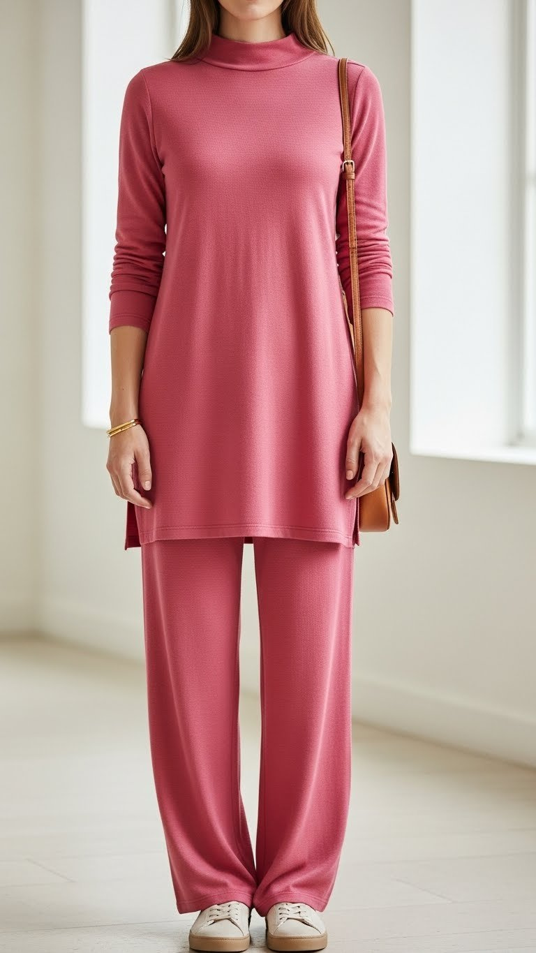 Chic woman wearing soft pink modest co-ord set with tunic top and trousers, standing chest-up in minimalist modern interior.