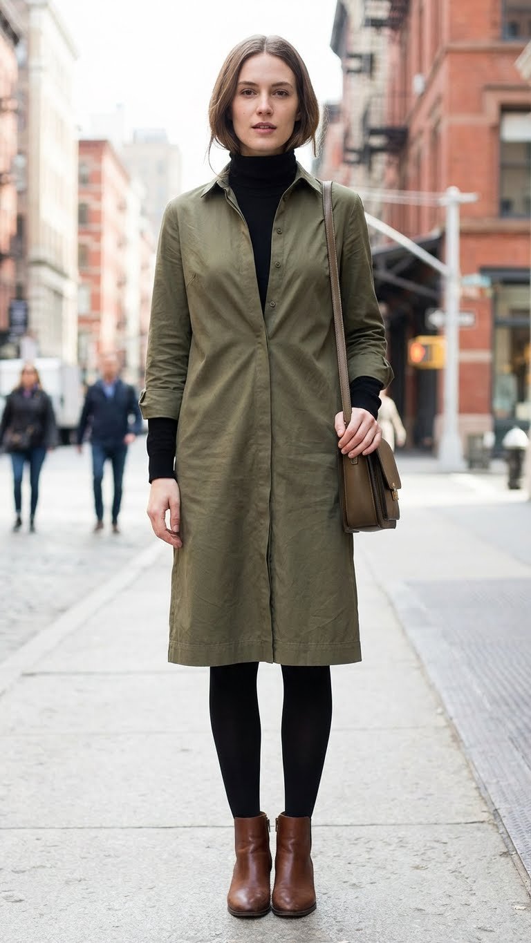 Chic woman wears a sophisticated shirtdress layered over a turtleneck with stylish leather ankle boots, ideal for smart winter city wear.