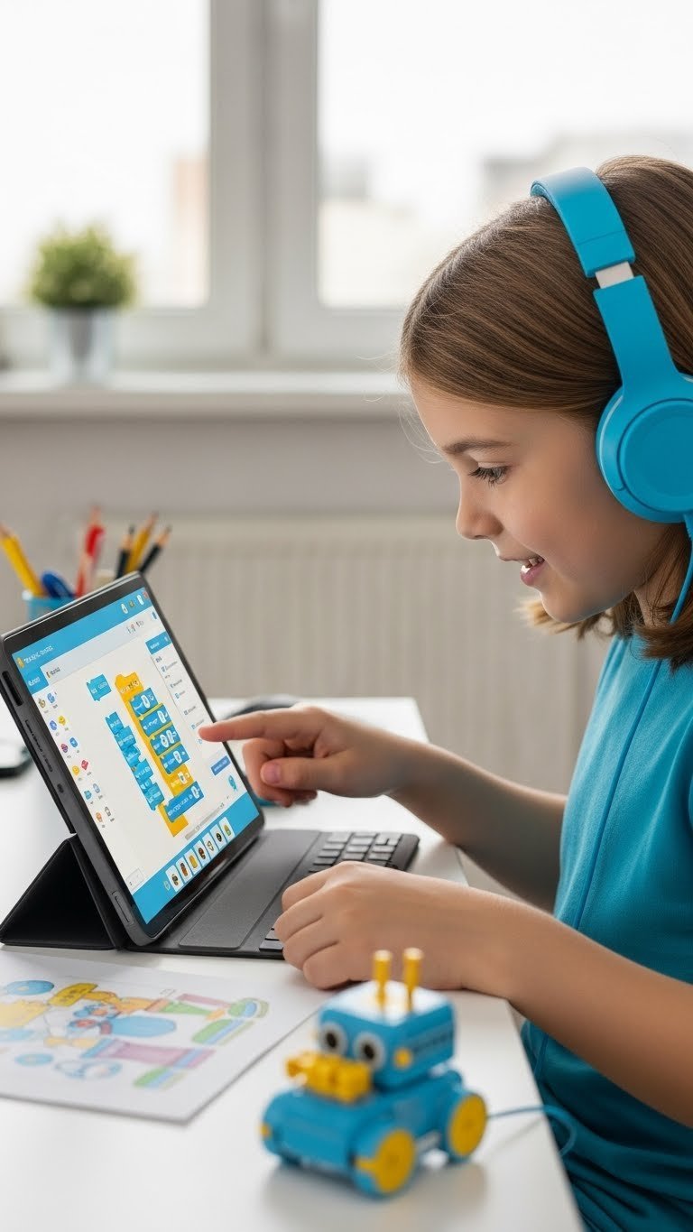 Child interacting with colorful block-based coding game on tablet with focused expression and educational interface