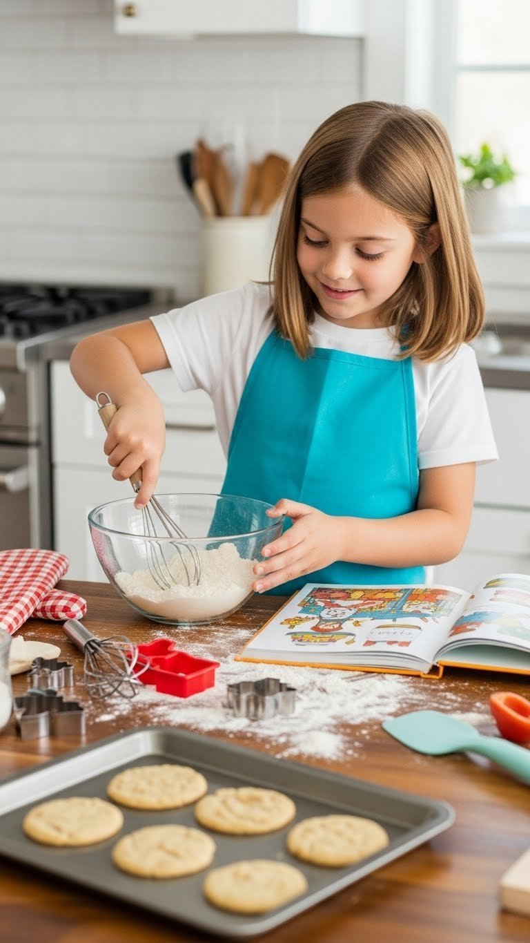 Child measuring ingredients while following colorful kids' cookbook recipe with baking tools on kitchen counter
