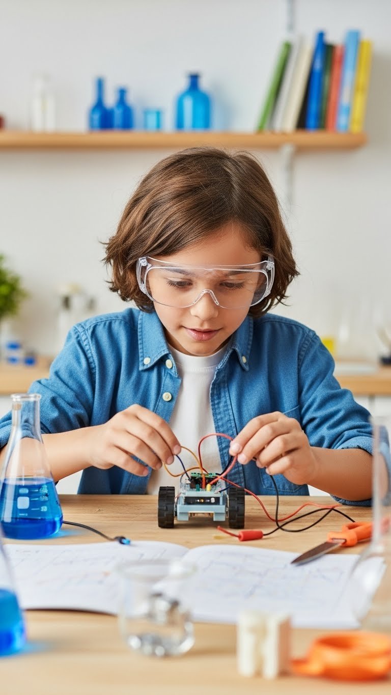 Child wearing safety goggles assembling STEM robot kit with concentrated expression and blurred science background