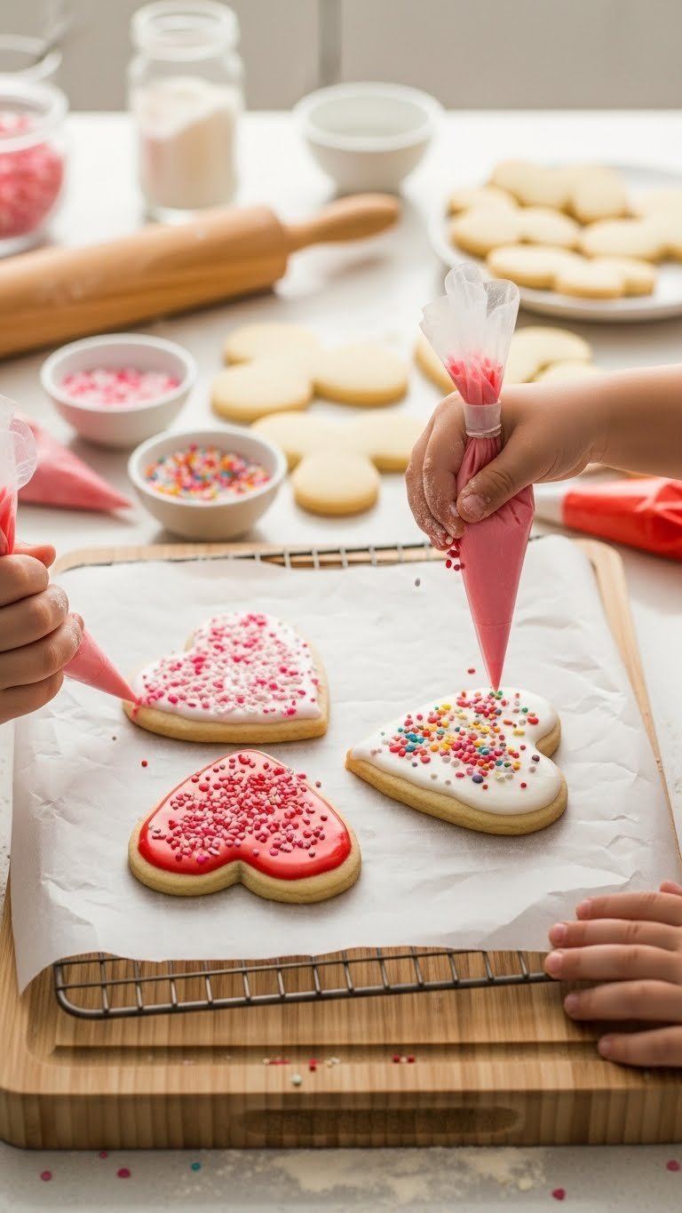 Children decorating heart-shaped sugar cookies with colorful icing and sprinkles in a warm kitchen setting