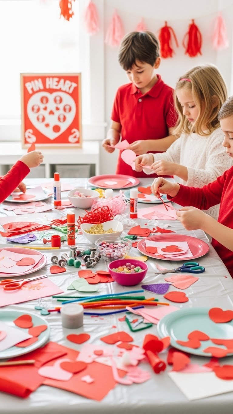 Children engaged in Valentine's Day craft party with colorful construction paper, glitter, heart cutouts, and craft supplies