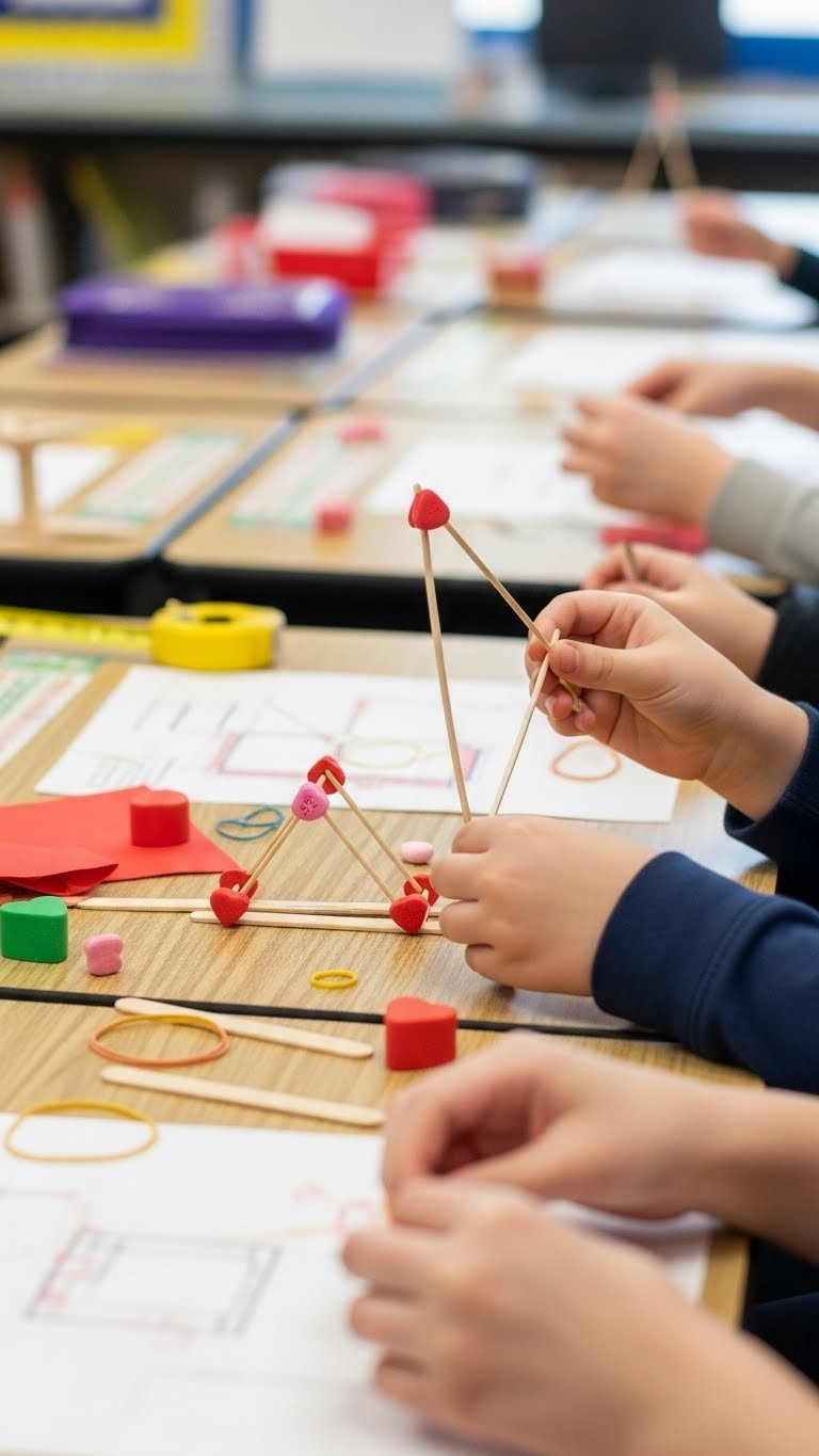 Children's hands engaged in Valentine's Day STEM challenge building heart bridge with colorful materials