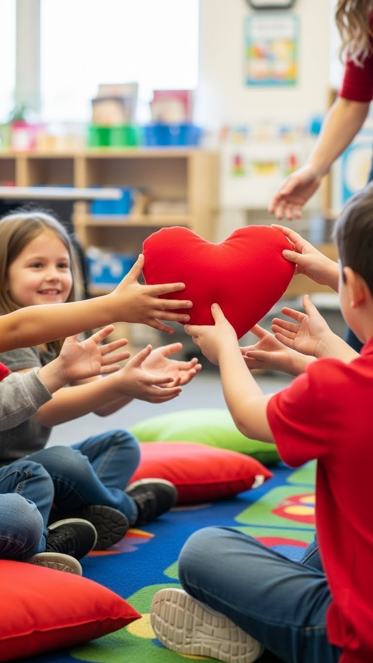 Children's hands passing large soft red heart pillow during circle time on colorful classroom carpet