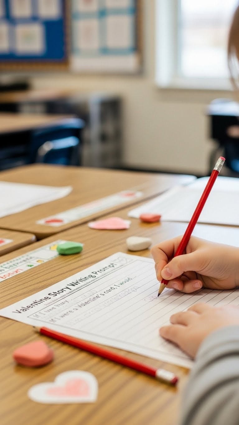 Child's hand writing on Valentine's Day story writing prompt worksheet with heart-shaped erasers nearby