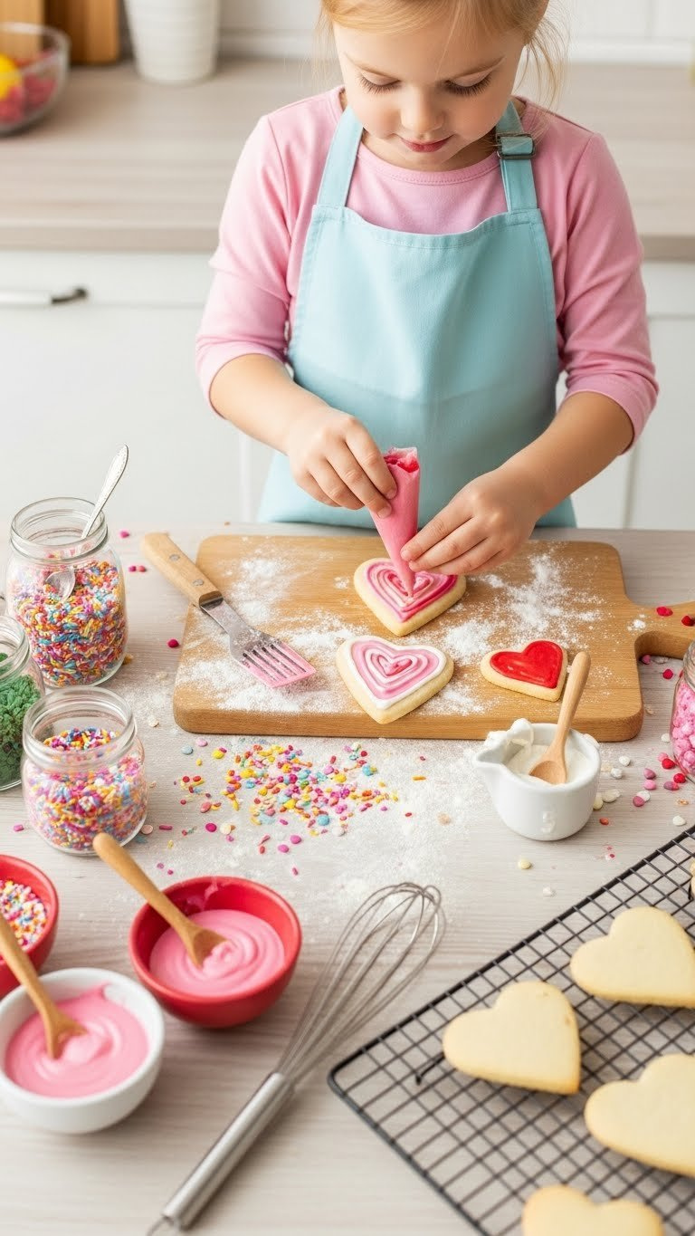 Child's hands decorating heart-shaped cookies with pink and red icing surrounded by baking utensils and colorful sprinkles