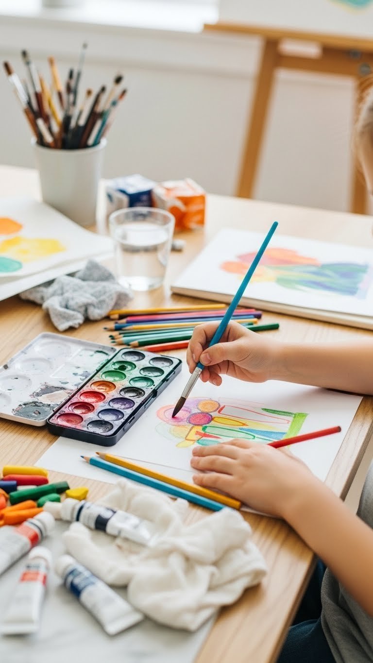Child's hands holding paintbrush dipping into rich watercolors surrounded by organized art supplies on clean surface