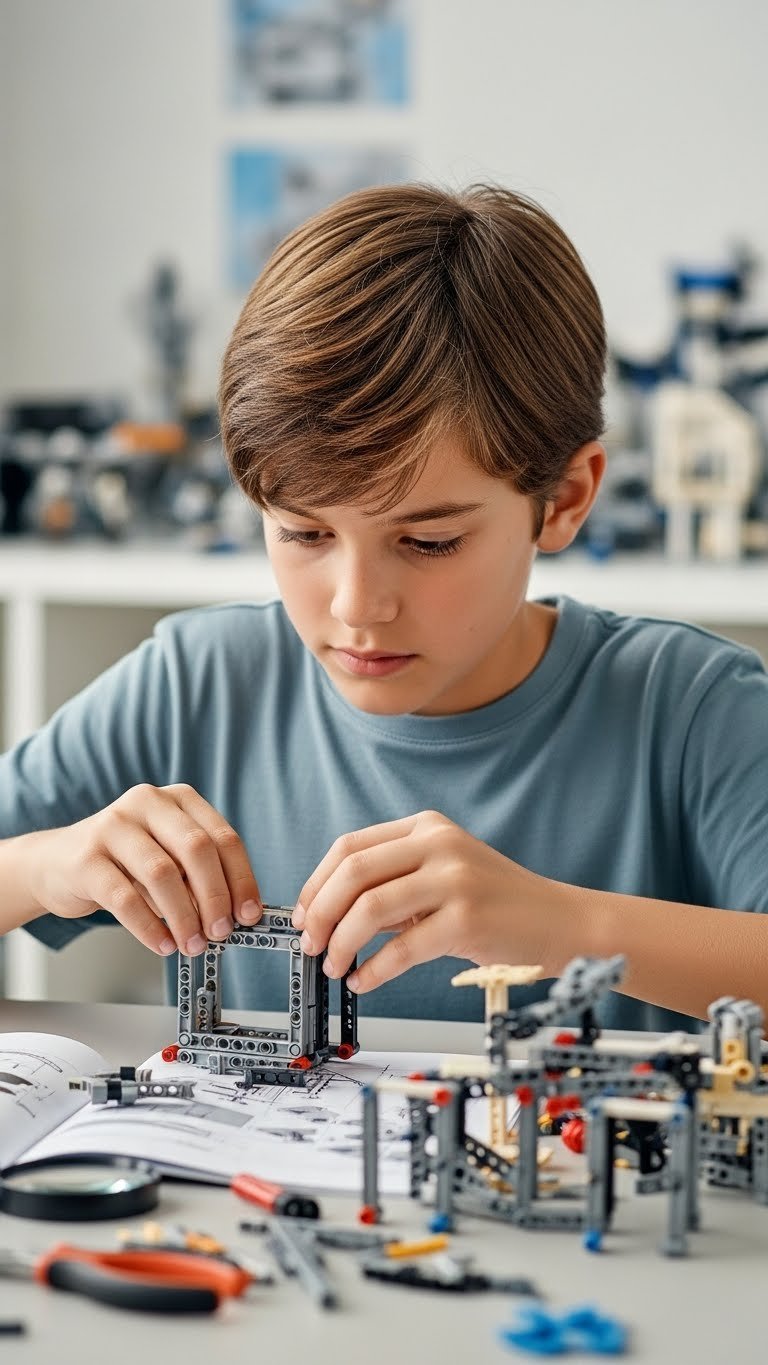 Child's hands meticulously assembling intricate LEGO Technic building set with complex pieces on clean workbench