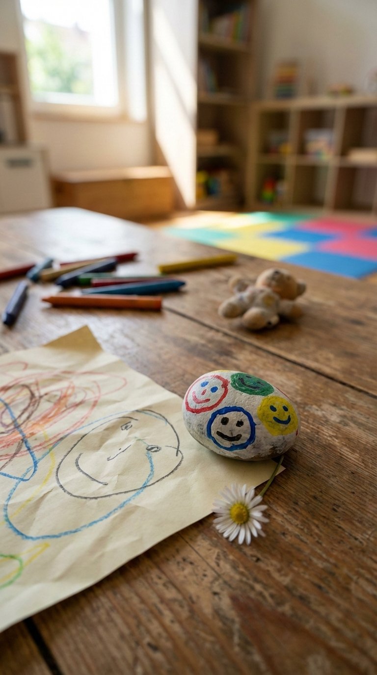 Child's heartfelt homemade drawing with hand-painted rock and fresh flower on rustic wooden table conveying appreciation