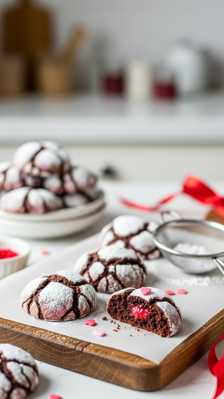 Chocolate crinkle Valentine cookies with powdered sugar dusting on rustic wooden board