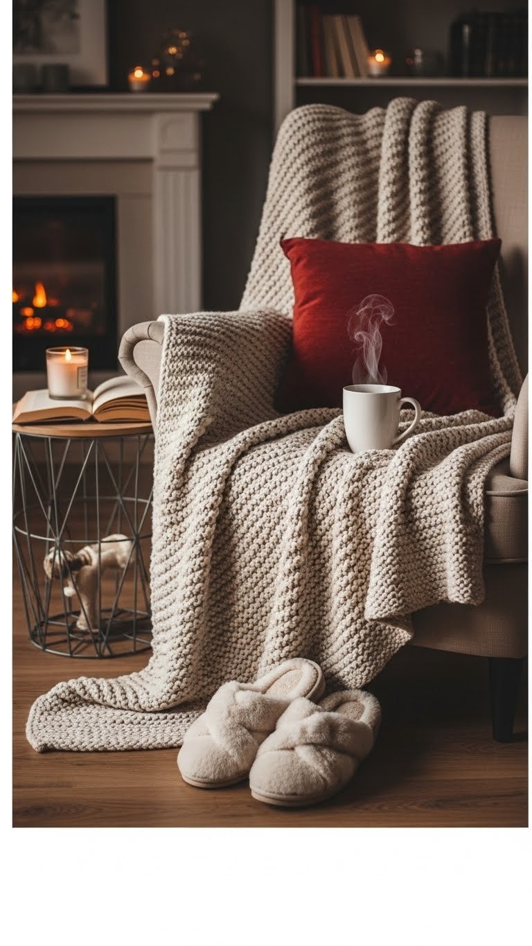 Chunky knit throw blanket draped over armchair with tea mug and slippers in cozy living room