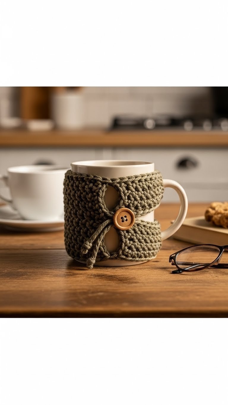 Chunky olive green crocheted mug cozy wrapped around ceramic coffee mug with rustic button closure