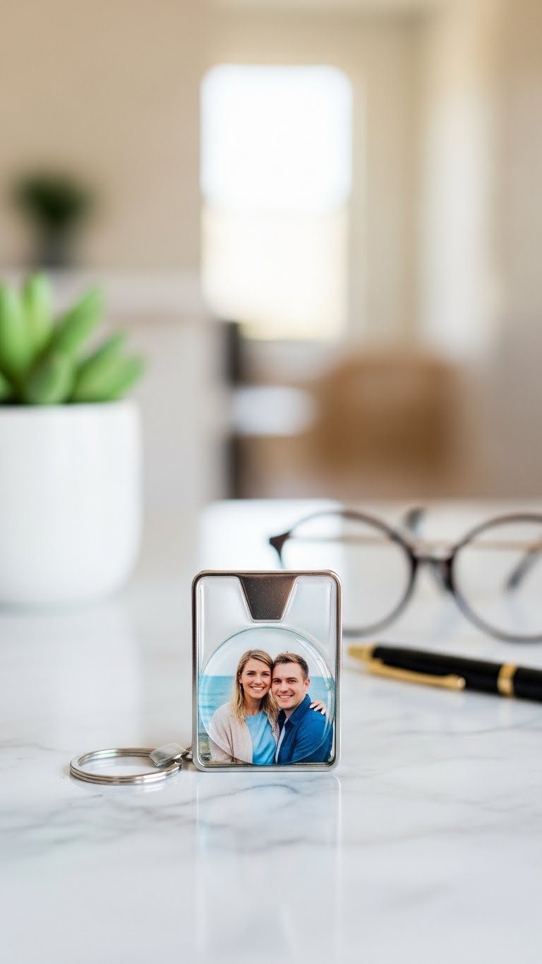 Circular metal photo keychain displaying vibrant couple photograph on marble countertop with succulent plant in soft focus.