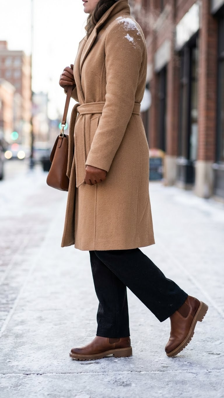 City chic winter fashion: person in camel wool-blend coat, black leggings, waterproof boots, carrying a leather bag on a snowy street.