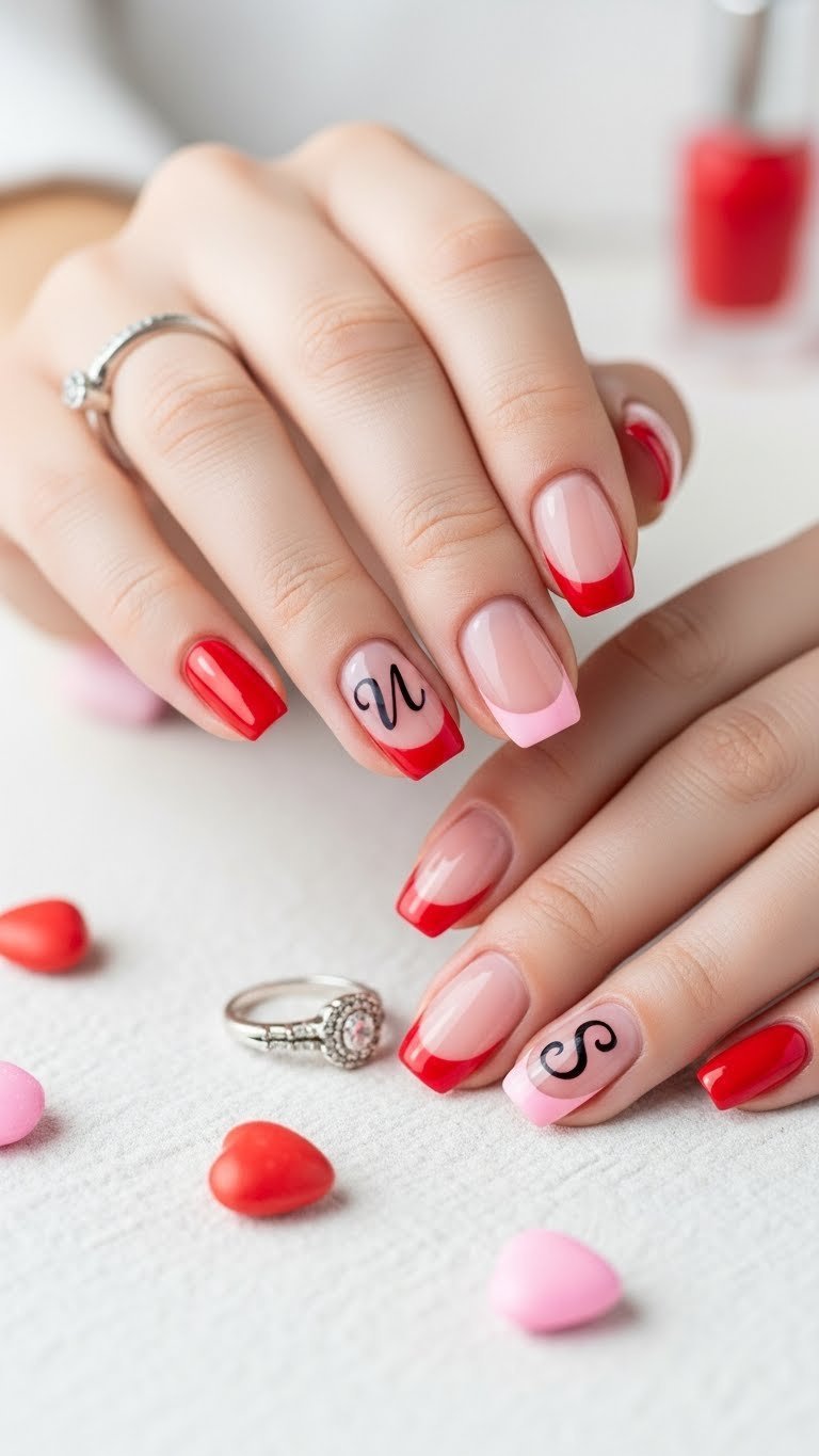 Classic French tip nails in red and pink with elegant initial S placed near cuticle on white linen background
