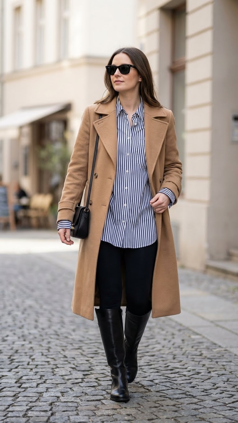 Classic Parisian winter outfit: black leggings, striped shirt, wool trench coat, riding boots on cobblestone street.