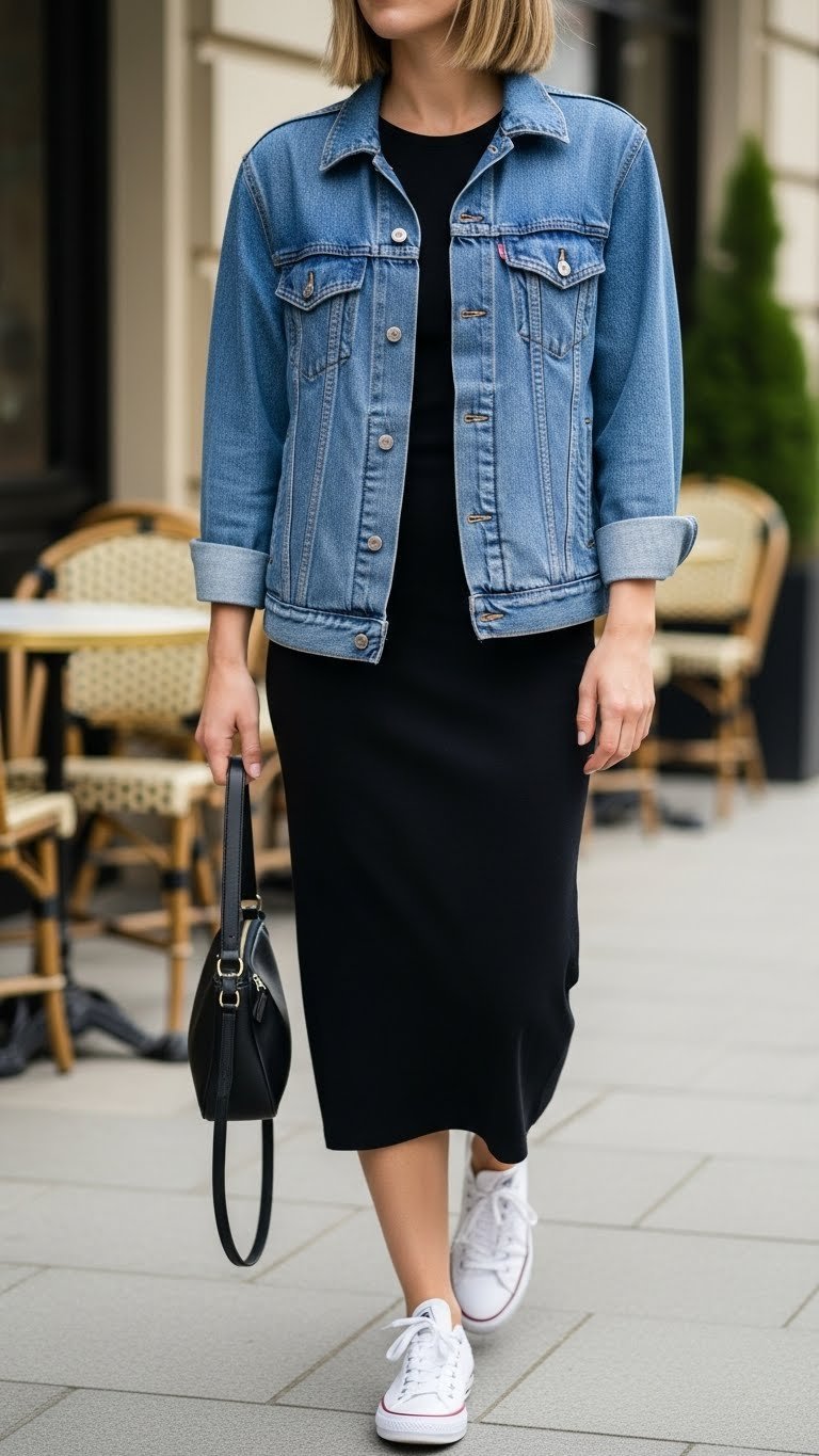 Classic blue denim jacket draped over black fitted midi dress walking past sunny outdoor cafe