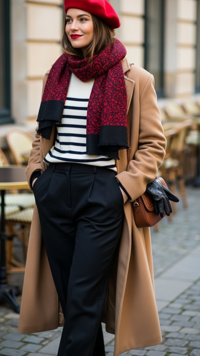 Classic camel long coat, Breton stripe top, black trousers, red scarf, beret. French winter style, European street.
