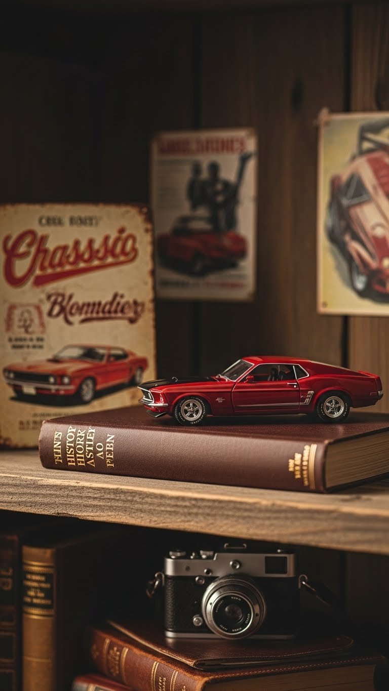 Classic car collectibles featuring vintage tin sign, die-cast muscle car model, and automotive history book on wooden shelf