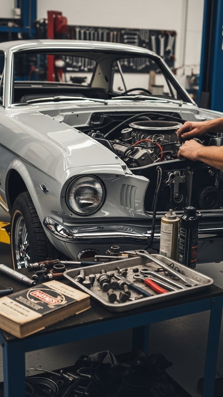 Classic car restoration workshop scene with gleaming vintage Mustang on lift and craftsman's hands working on engine components.
