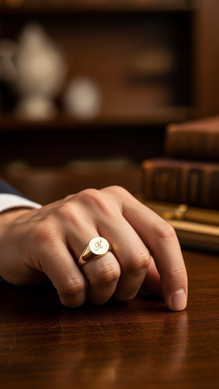 Classic gold signet ring worn elegantly on male hand with warm golden hour lighting in study setting