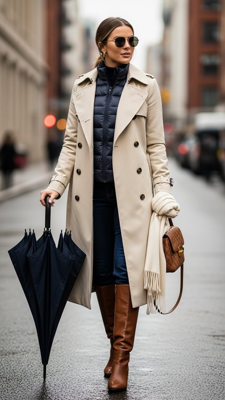 Classic khaki trench coat, collar popped, belted, dark jeans, tall leather boots. Elegant city winter fashion with umbrella.