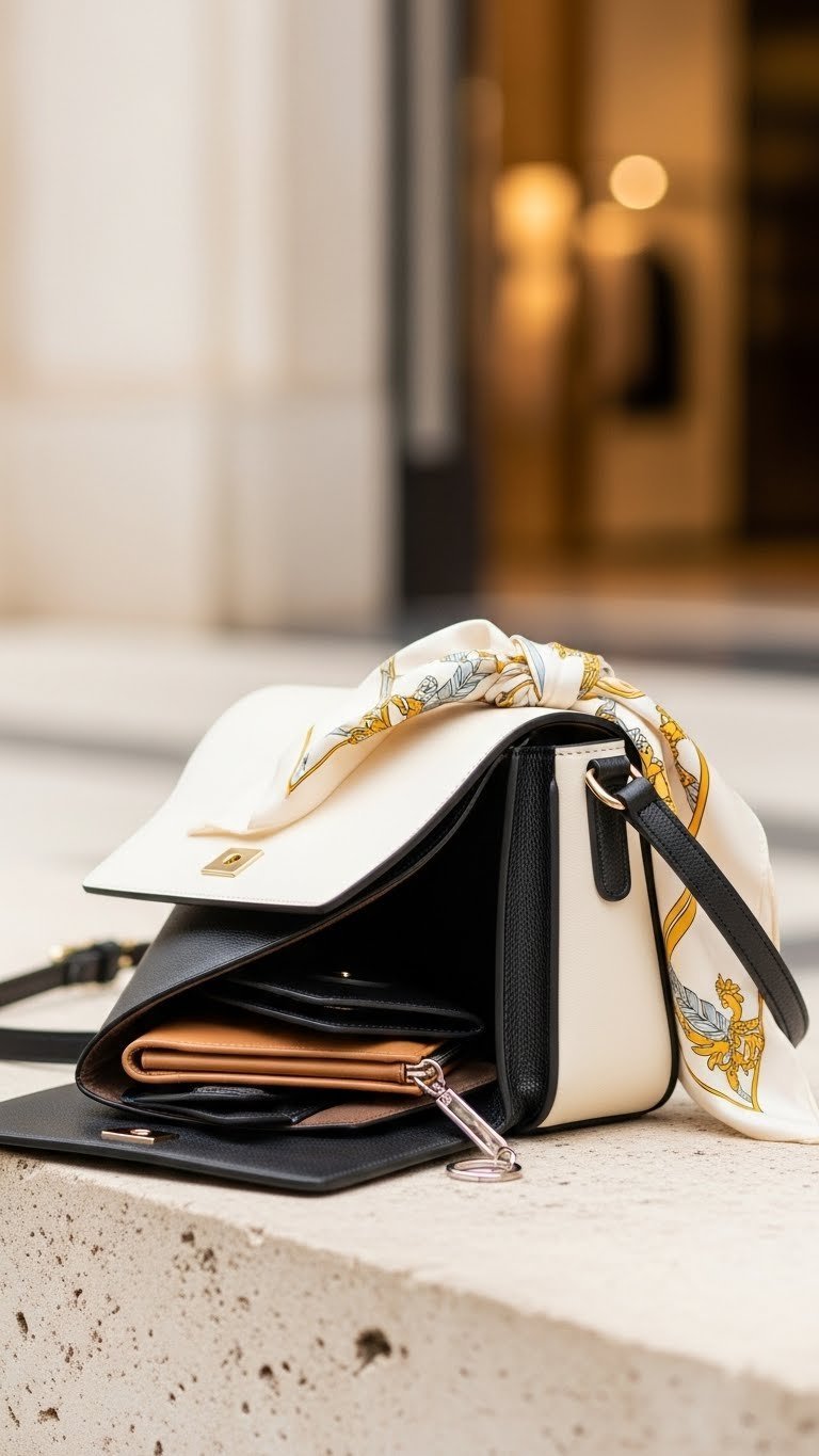 Classic leather crossbody handbag displayed open with silk scarf on textured stone surface