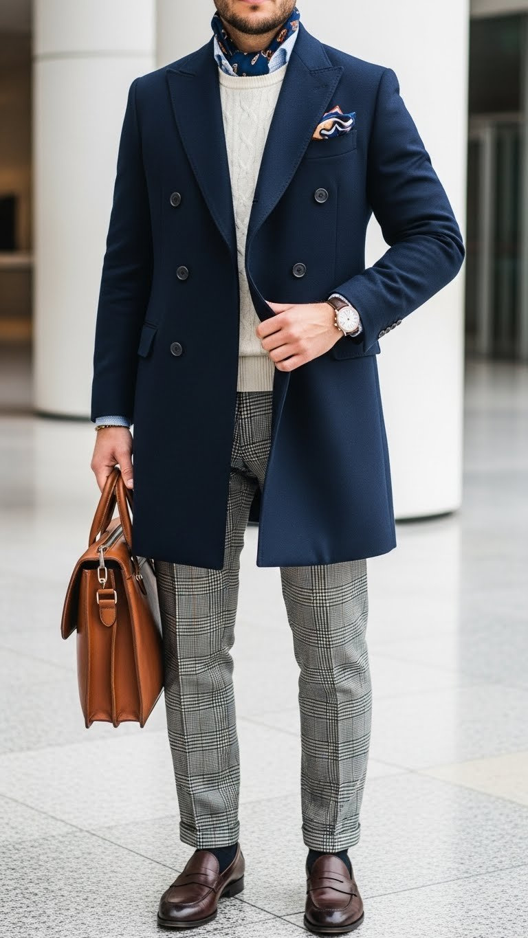 Classic navy double-breasted peacoat, plaid trousers, cream sweater, pocket square. Business casual winter style in office lobby.