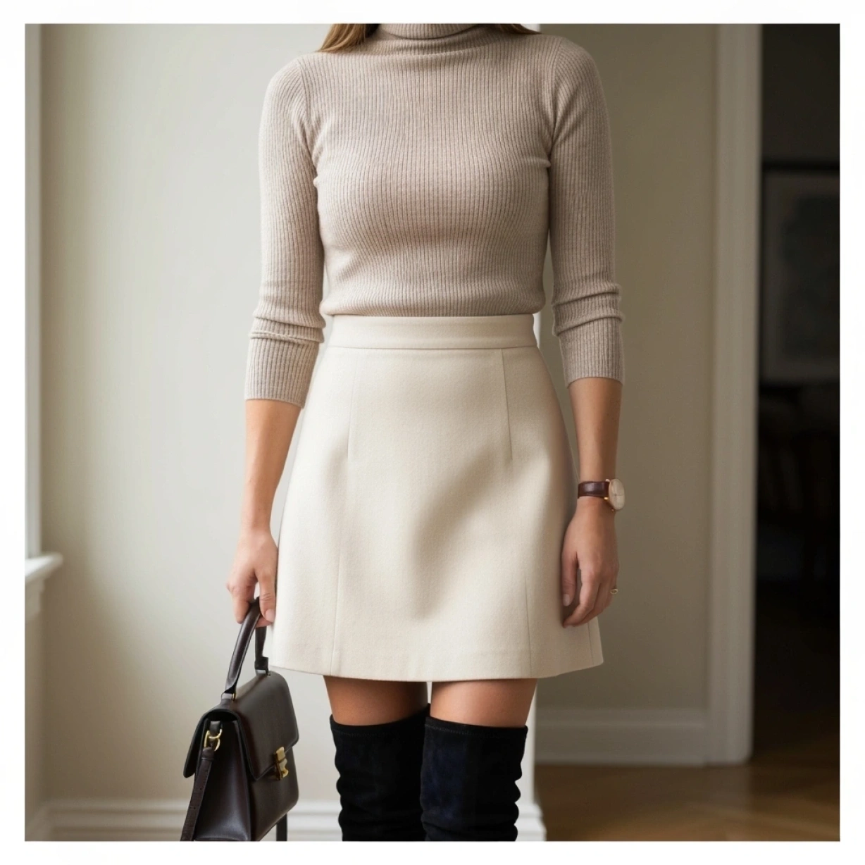Classic neutral turtleneck, A-line skirt, knee-high boots, leather belt, and handbag for an elegant winter church outfit.