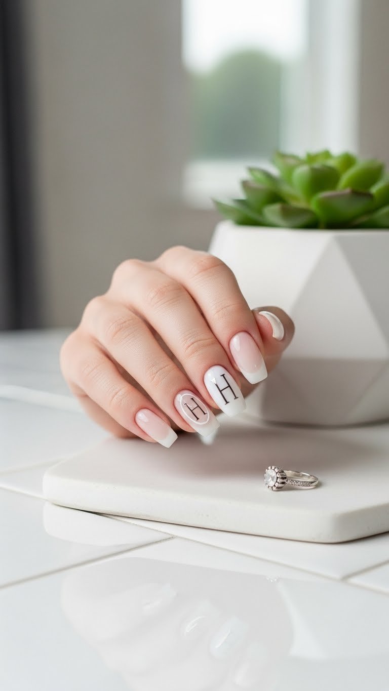 Clean minimalist monogram initial H in black on pristine white nails against matte ceramic tile background