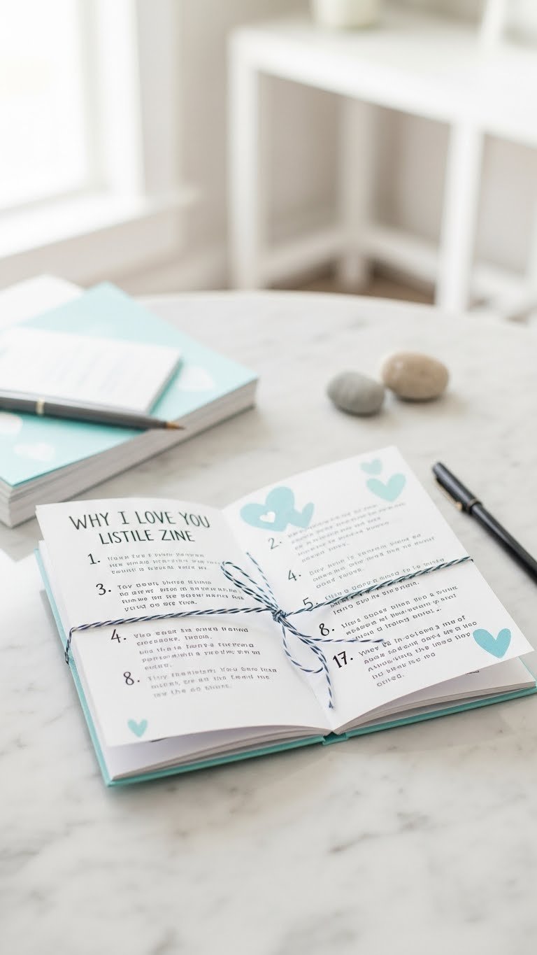 Clean minimalist why I love you listicle zine with handwritten reasons on marble countertop in bright daylight