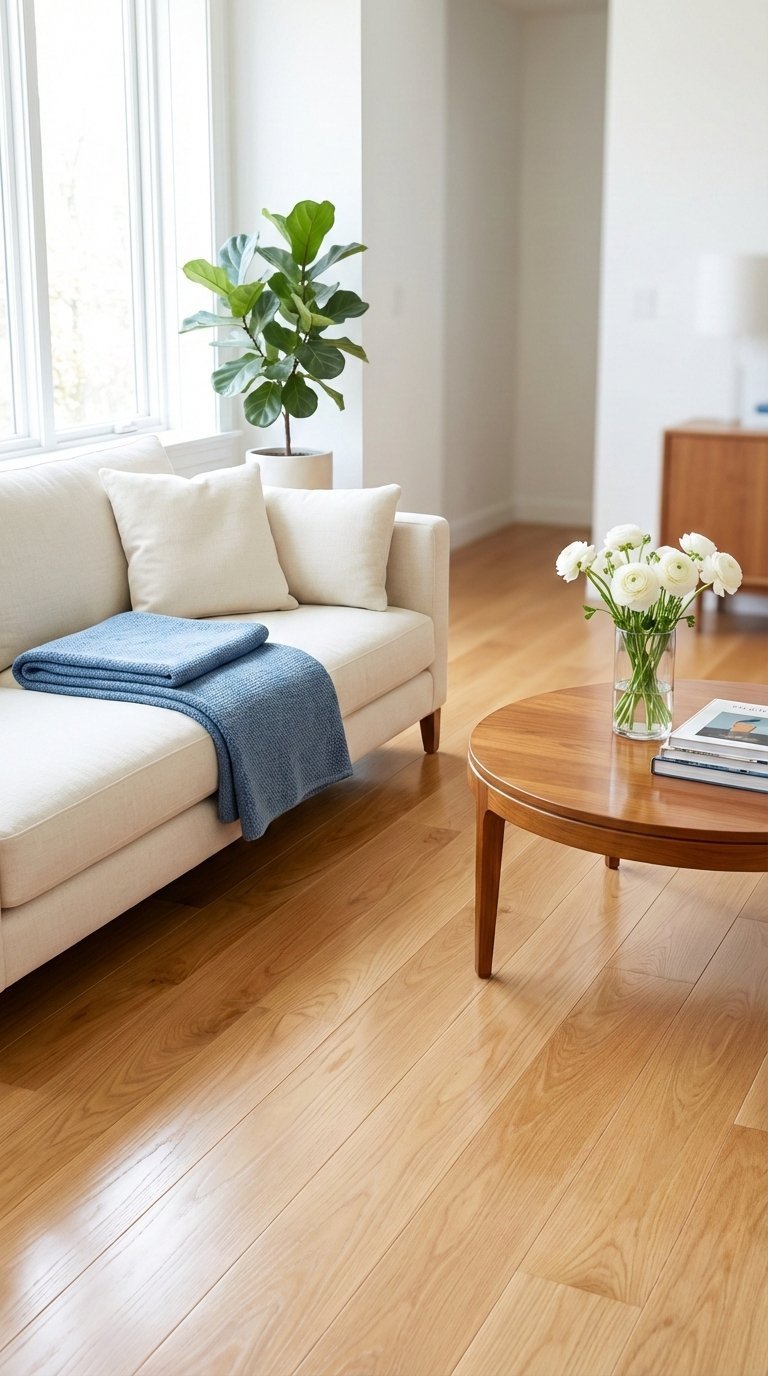 Clean organized living room with polished hardwood floors and minimalist decor creating bright airy atmosphere.