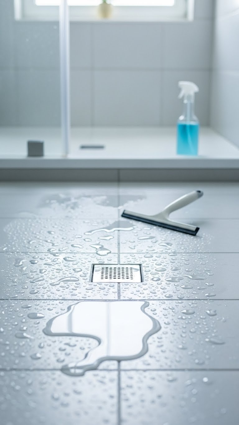 Clean sparkling shower floor with water droplets reflecting light after thorough cleaning