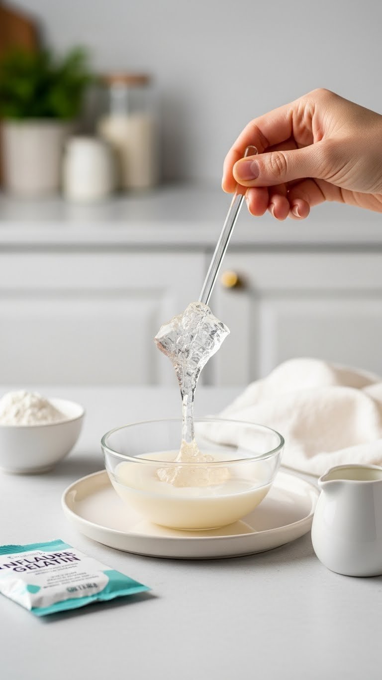 Clear gelatin milk liquid mixture being stirred in microwave-safe bowl on ceramic plate