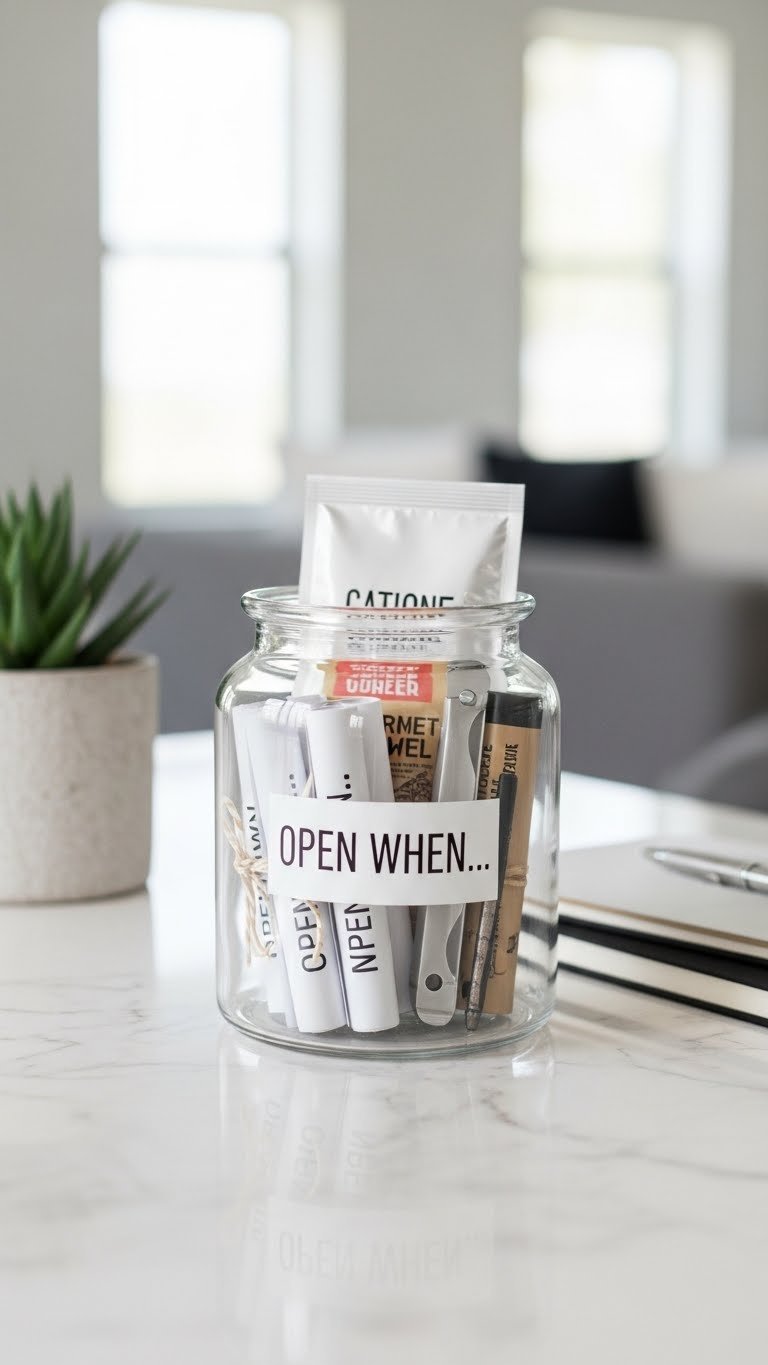 Clear glass apothecary jar filled with rolled Open When letters and curated items on white marble countertop.