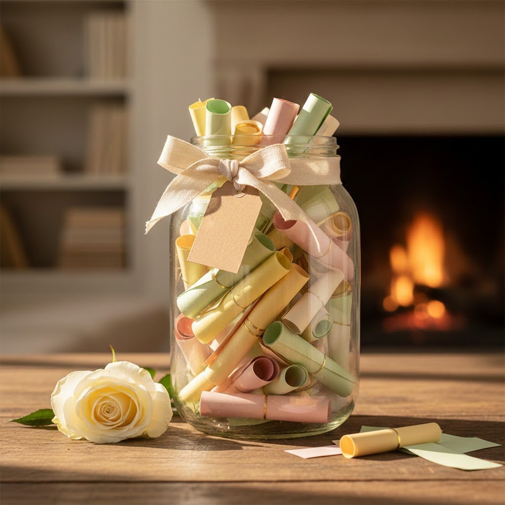 Clear glass blessing jar overflowing with colorful handwritten notes on rustic wooden table